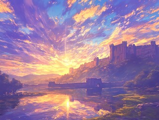 The golden glow of the ancient walls in anime style and the sunrise over the fortress reflected in the calm sea