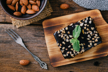 Brownies on wooden background