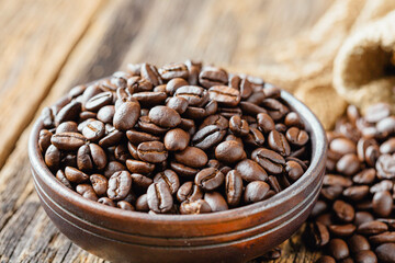 coffee beans on wooden background