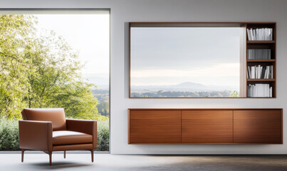 Modern living room design with large window and scenic view of nature