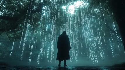 Hooded hacker receiving data from the matrix in a dark forest