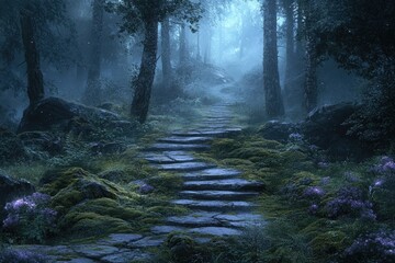 Fototapeta premium Mystical stone steps wind through a moonlit, mossy forest, creating an enchanting, ethereal scene.