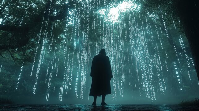 Hooded hacker receiving data from the matrix in a dark forest
