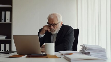Retirement financial stress in a spacious office. Featuring anxiety and worry
