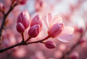 Obraz premium Stunning Spring Season Background High Resolution Wallpaper Colorful Blooming Flowers Cherry Blossoms Sunlit Trees Greenery Blue Sky Vibrant Nature Aesthetic Beautiful HD Stock Image Dreamy Scene