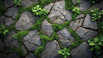 Mossy, overgrown stone pathway, natural detail, textured background