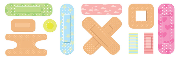 Set of medical plasters in cartoon style. Vector illustration of hygienic, bactericidal plasters of different shapes and patterns: stripes, hearts, circles, stars, clouds isolated on white background.