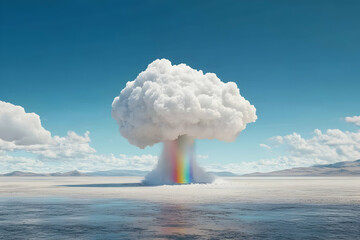 3D Illustration Rainbow Cloud over Desert Lake Landscape
