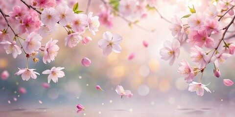 Soft pink sakura petals gently floating downwards in a serene natural setting against a subtle gradient background, delicate flowers, natural backdrop