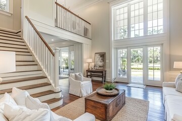 Naklejka premium Large Open-Plan Living Room with High Windows and Wooden Staircase