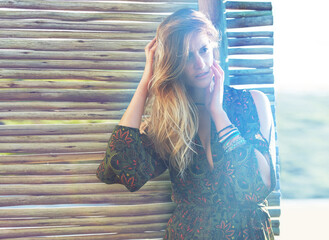 Boho, fashion and thinking with woman on wooden background outdoor for eco friendly or organic...