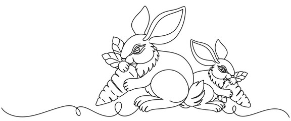 vector illustration of a rabbit holding a carrot, line art style. easter design elements