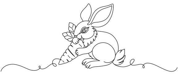 vector illustration of a rabbit holding a carrot, line art style. easter design elements