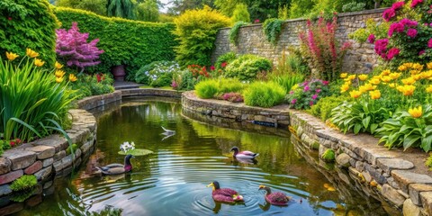 A beautiful garden with a stone wall, surrounded by lush greenery and vibrant flowers, featuring a small pond with a few ducks swimming on its surface , flowers, garden