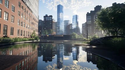 Obraz premium Urban Cityscape with Modern Skyscrapers and Historic Red Brick Building Reflected in Calm Water
