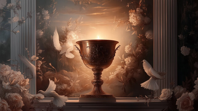 Elegant First Communion invitation with a glowing chalice, host, white doves, and floral details, softly illuminated by golden light, symbolizing purity, faith, and holiness.