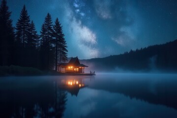 Fototapeta premium Serene Lakeside Cabin Under Starry Sky and Misty Night Atmosphere