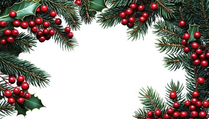 Christmas Frame of Fir Branches and Holly Berries
