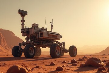 Fototapeta premium Mars Rover Exploring Rugged Terrain under Orange Sky at Dusk