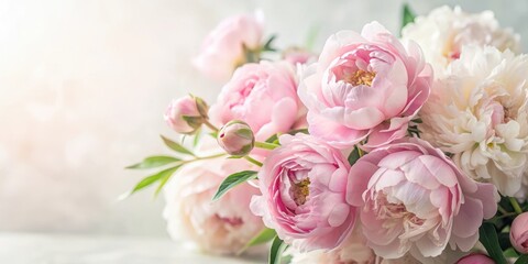 Obraz premium Soft focused floral arrangement featuring fluffy pink peonies on a white background with subtle greenery and soft natural light , spring, feminine