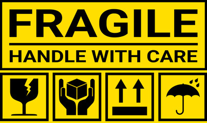 sticker fragile handle with care, black and yellow fragile warning label, fragile label with broken glass symbol, vector asset