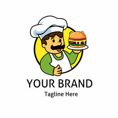 logo illustration of a chef bringing a burger