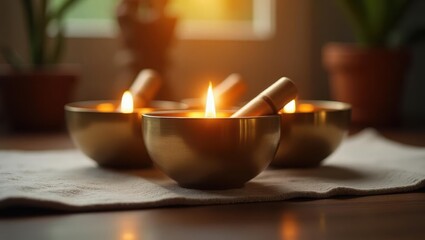 Frequency healing. Golden tealight candles burning warm cozy ambiance