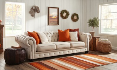 Cream Colored Sofa with Orange Accents in a Living Room