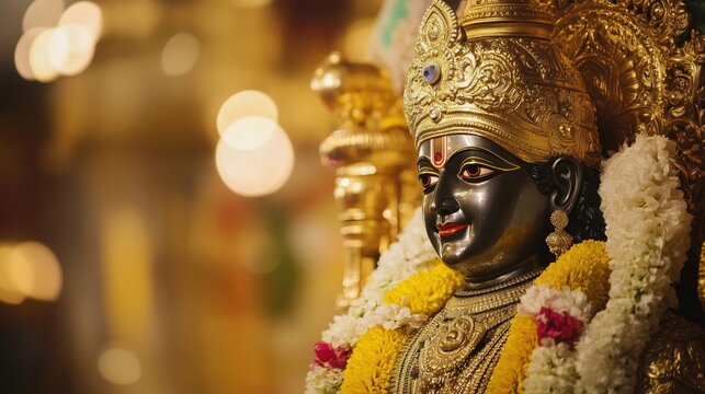 Beautiful golden statue of hindu god shree vitthal wearing golden crown and flower garlands