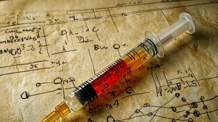 Syringe filled with liquid rests on aged paper covered with chemical formulas and molecular structures, Syringe with liquid over chemical formulas and molecular structures, medical research - Powered by Adobe
