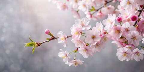 Obraz premium A delicate arrangement of cherry blossoms in soft pink hues against a subtle grey background, creating a serene and peaceful atmosphere , calm, still life
