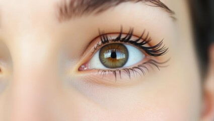 Obraz premium Lash growth oil. Close-up of green hazel eye with long eyelashes and well-groomed eyebrow, beauty care concept, perfect for makeup tutorials, skincare advertisements, natural light background, fresh