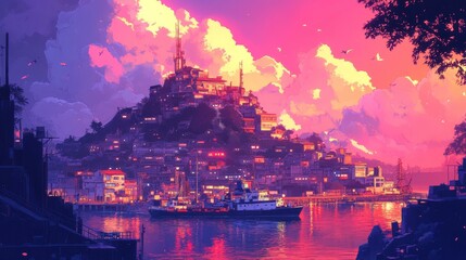 Fototapeta premium Vibrant Sunset Cityscape Illustration