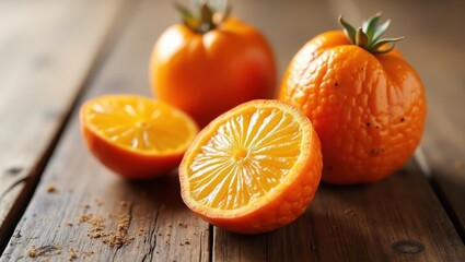 Monk fruit sweetener. Fresh ripe tangerines with vibrant orange peel and juicy segments cut open on rustic wooden table, perfect for healthy eating, fruit market, cooking blogs, natural light, warm t