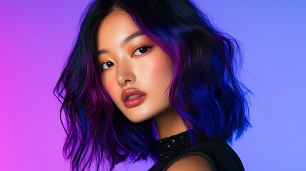 Naklejka premium Asian Hair Model for Advertising Hair Care. Portrait of a woman with vibrant hair colors.