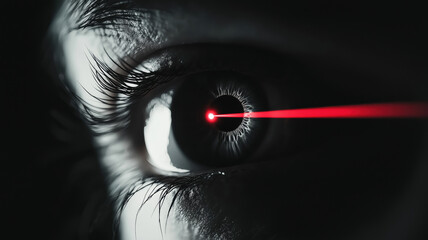 Close Up of Eye with Red Laser Beam  Technology and Vision Concept