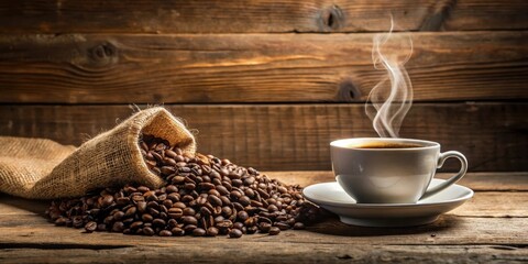Coffee Cup with Heart Shape Smoke and Coffee Beans on Burlap Sack on Old Wooden Background, heart shape smoke, soft focus