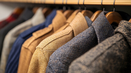 Winter coats hanging in a closet, autumn fashion
