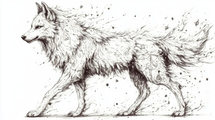 mystical wolf drawing with intricate ink details, showcasing flowing mane and ethereal patterns. artwork captures sense of wonder and creativity