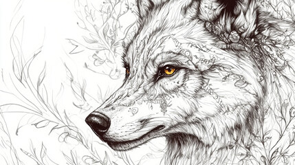 mystical wolf drawing featuring intricate ink details and floral elements, showcasing beauty of nature and artistry. wolf expressive eyes add depth to artwork © 5_Billionaires
