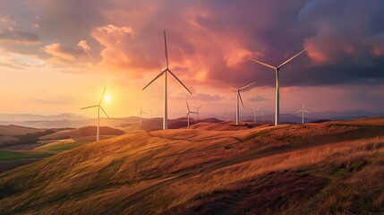Obraz premium Serene Landscape with Wind Turbines Against Dramatic Sunset Sky in Mountainous Terrain