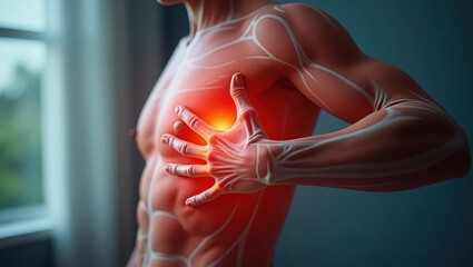 Muscle weakness. Man holding chest red pain, heart attack concept, ana
