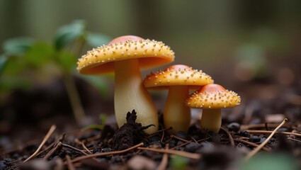 Mushroom microdose. Orange mushrooms forest floor closeup nature growt