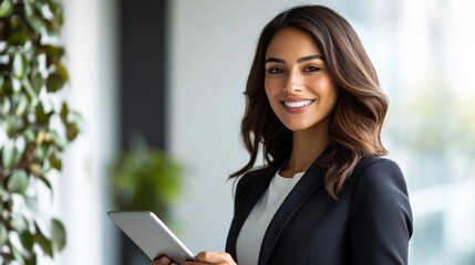 Fototapeta premium Confident Latinx Woman in Sharp Business Suit Holding Tablet