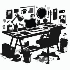 88.epsThis is a stylized digital illustration of a bearded young man working on a laptop at his desk. The scene has a modern and creative feel, with elements such as a desk lamp, clock, coffee cup, an