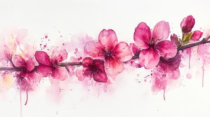 A vibrant watercolor painting of pink cherry blossoms on a branch with splashes of color.