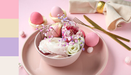 Stylish table setting for Easter celebration with flowers on pink background. Different color patterns