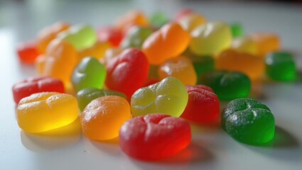 Psilocybin gummies. Colorful translucent gummy candies close up, scattered on reflective surface, perfect for food blogs, candy shops, dessert promotions, bright multicolor background, sweet playful
