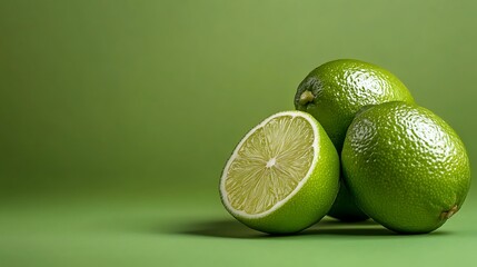 Close-up of three limes, one halved, on a green background.