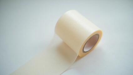 Scar tape. Beige adhesive tape roll unrolling on white surface, office supply tool for crafting, packaging, or repairing, minimalistic clean background, soft lighting, workspace organization concept